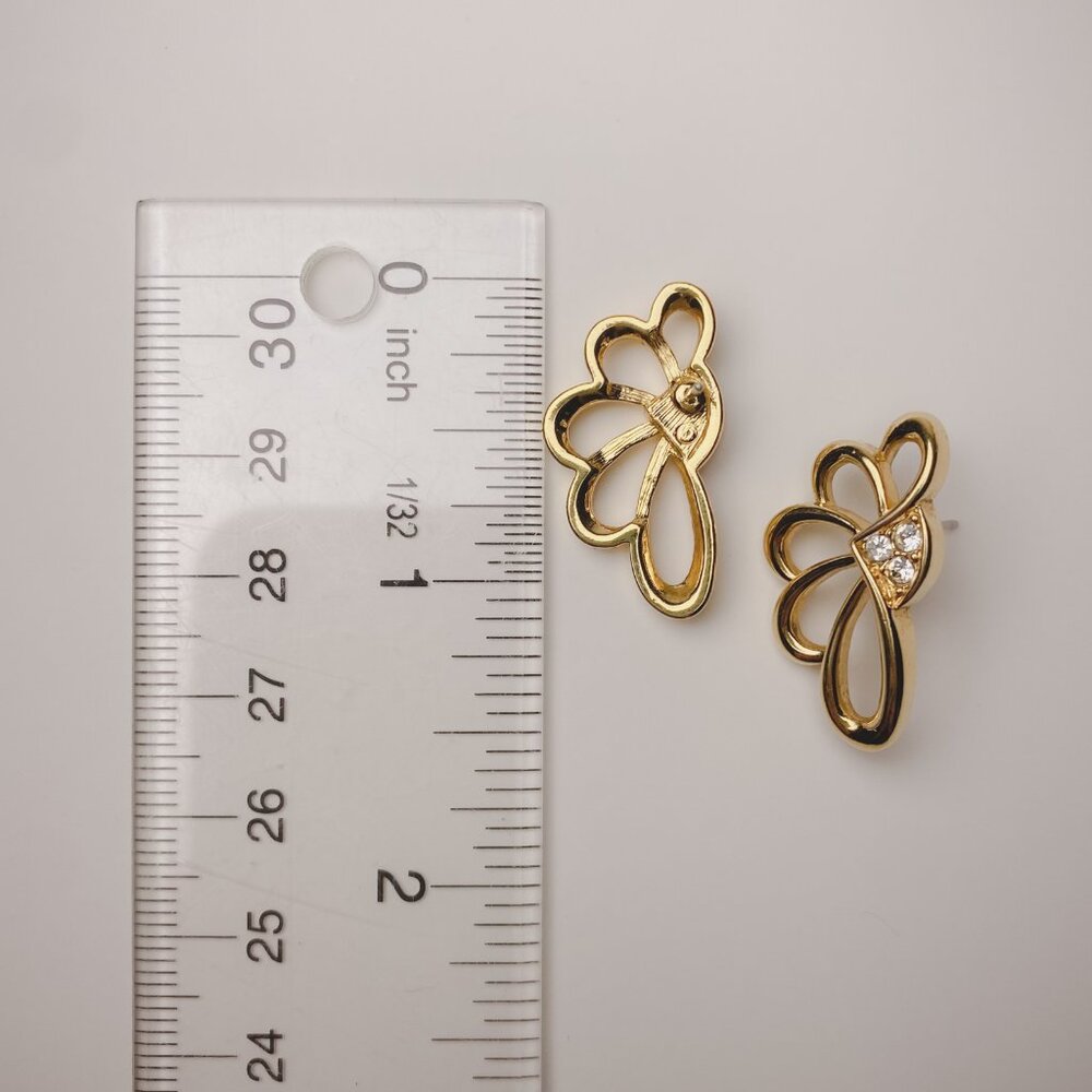 Vintage Avon Art Nouveau Asymmetrical Scallop Fan Shape Gold Rhinestone Earrings - Picture 7 of 8